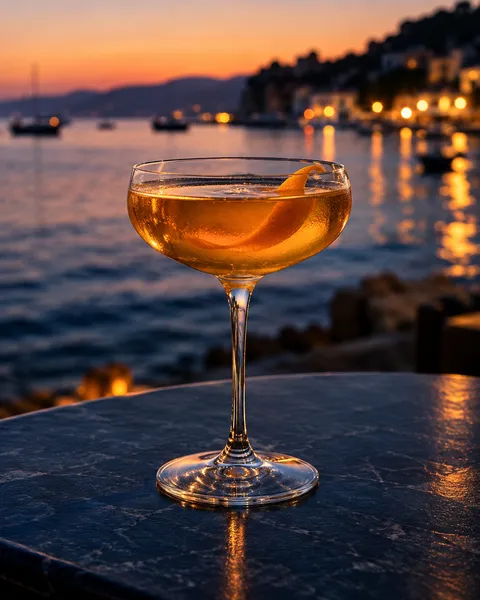 An amber cocktail with orange peel in a coupe, with sunset light over the water behind it