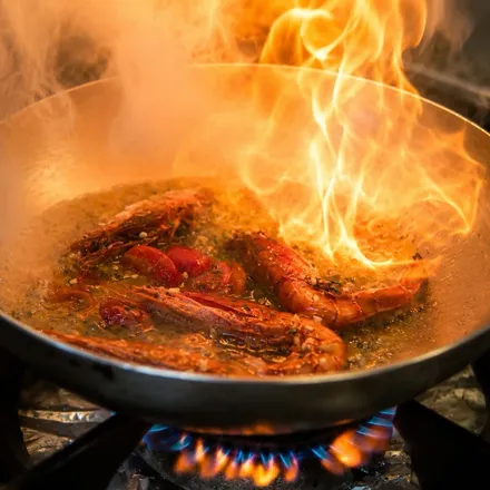 Prawns flambéed in a pan over an open flame