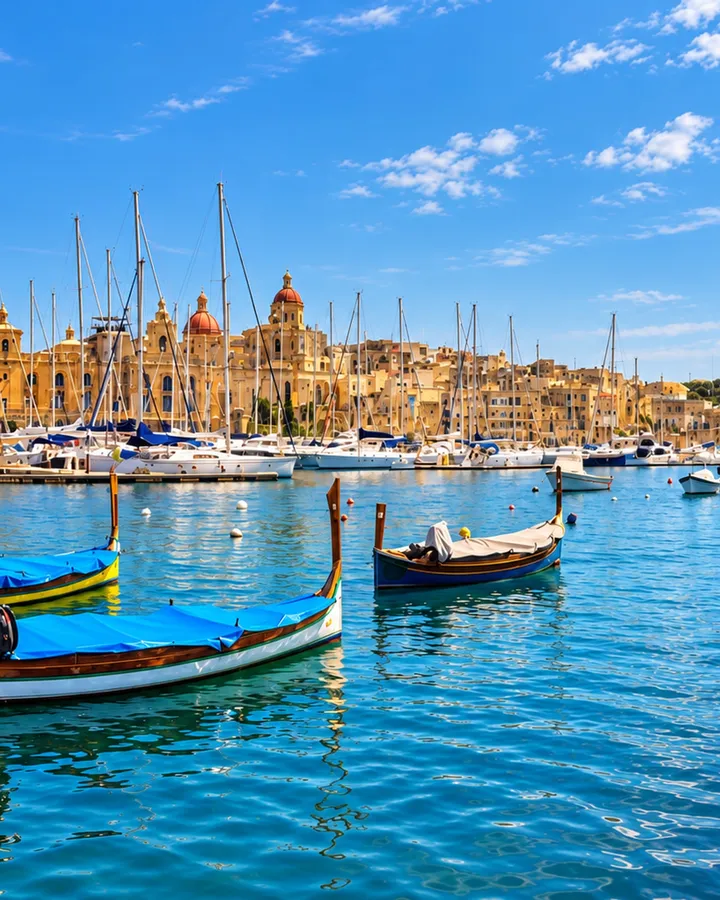 Traditional Maltese luzzu boats moored in the Grand Harbour, the honey-coloured buildings and church domes of the Three Cities behind them