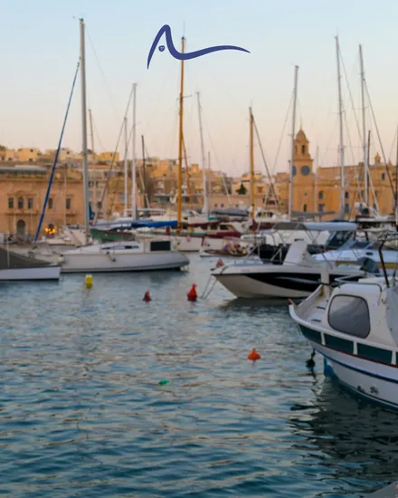 Yachts and fishing boats moored in a marina at dusk