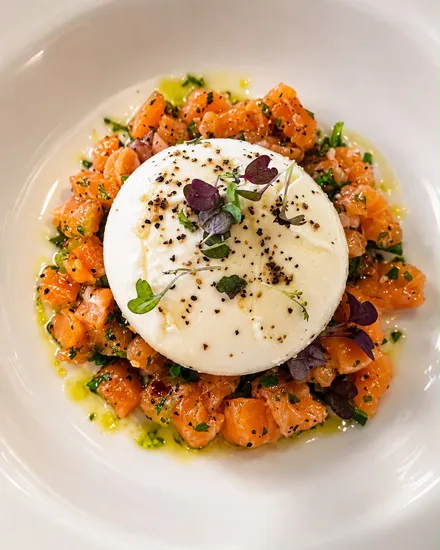 A whole burrata on diced salmon tartare with chopped herbs, micro leaves and cracked pepper, on a white plate