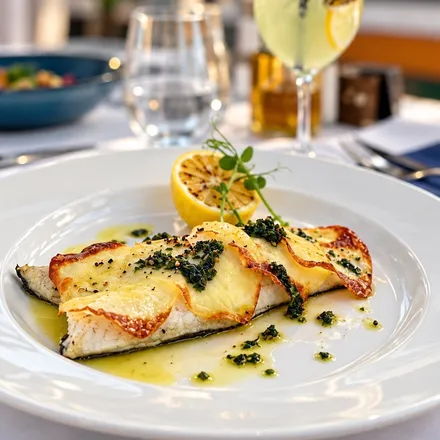 A fish fillet under overlapping crisp potato slices, with herb salsa, a grilled lemon half and green oil, on a white plate at a laid table