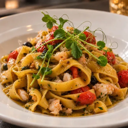 Tagliatelle with prawns, cherry tomatoes, olives and herbs, finished with pea shoots on a white plate