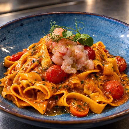 Tagliatelle in a tomato sauce with cherry tomatoes, topped with raw prawn tartare and micro herbs, in a blue bowl