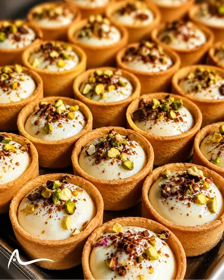 A tray of small custard tarts topped with pistachio
